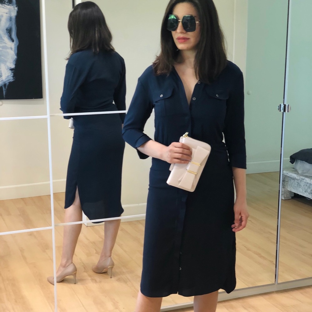 Navy chiffon shirt dress button down midi